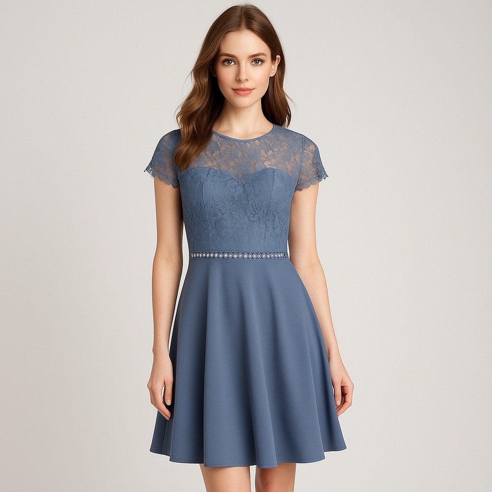 City Studio‎ Blue Lace Fit & Flare Dress Short Sleeve Party Cocktail Size 1